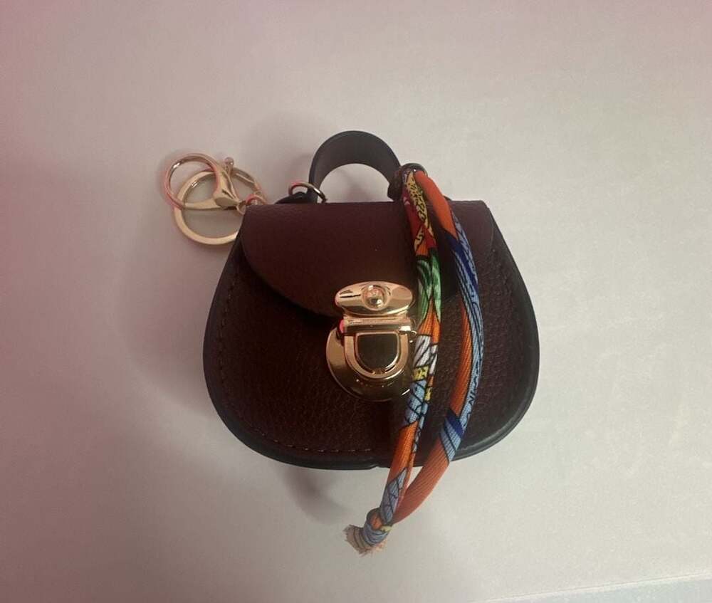 Brown Mini Saddlebag Bag Charm Keychain with Scarf